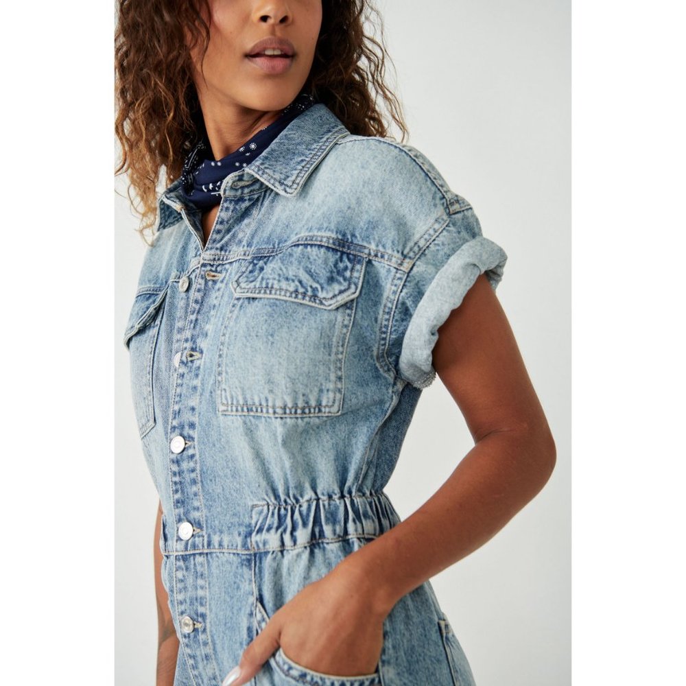 Free People Light Wash Denim Romper Shorts - Picture 4 of 5